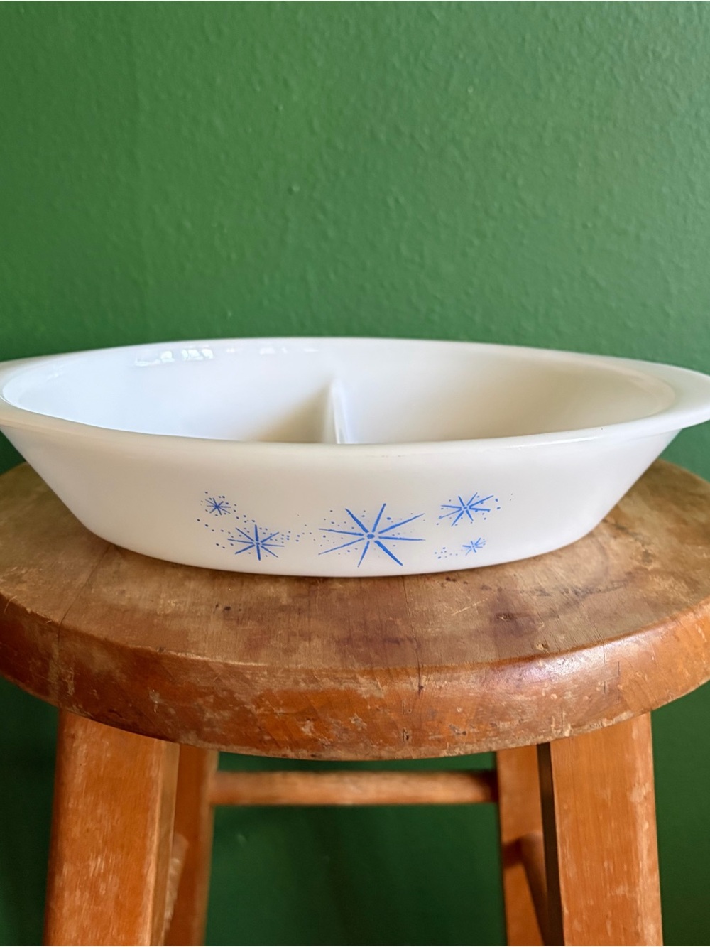 Vintage Glasbake Milkglass Divided Casserole Blue Atomic Starburst pattern